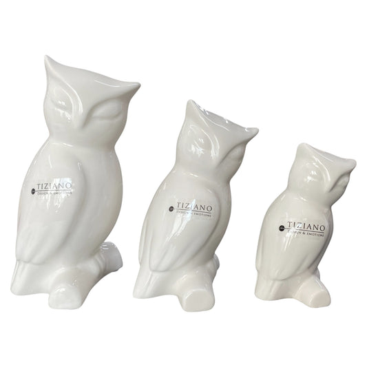 Drei moderne creme-weiße Keramik Eulen von Tiziano Bruneta in drei Größen