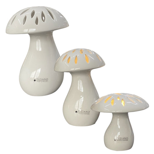 Drei Keramik Pilzdeko mit LED Licht in Cremeweiß von Tiziano 
