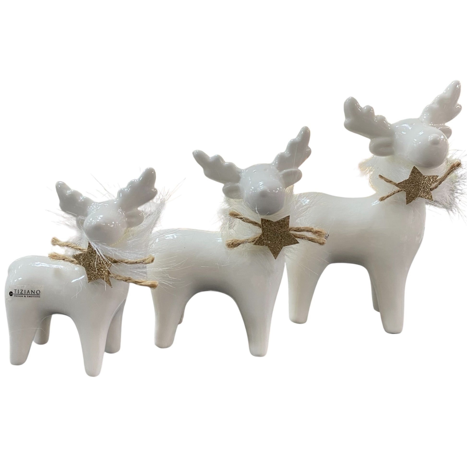 Drei creme-weiße Keramik Rentier Figuren mit goldenen Sternanhängern und Fellbändern, Serie Lars von Tiziano