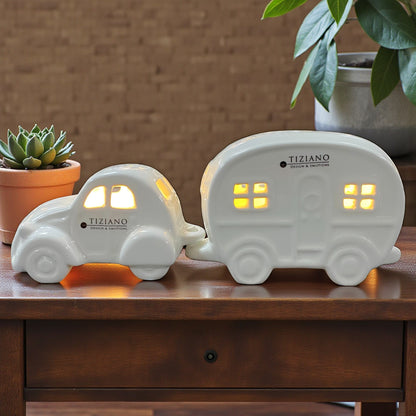 Tiziano Keramik-Auto und Wohnwagen mit LED Beleuchtung als Deko-Set