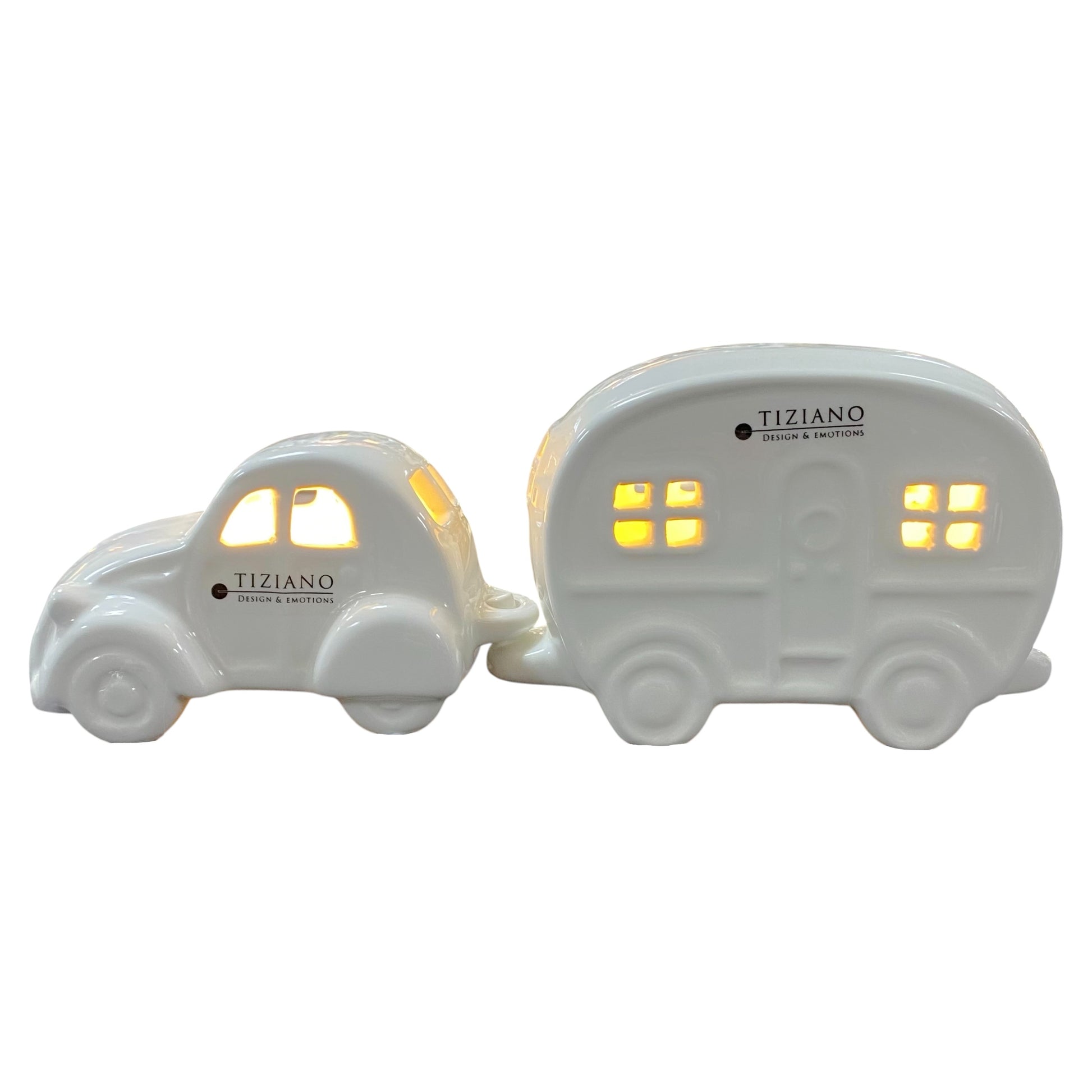 Tiziano Keramik-Set aus Auto Ente Milo und Wohnwagen Casina mit LED Beleuchtung