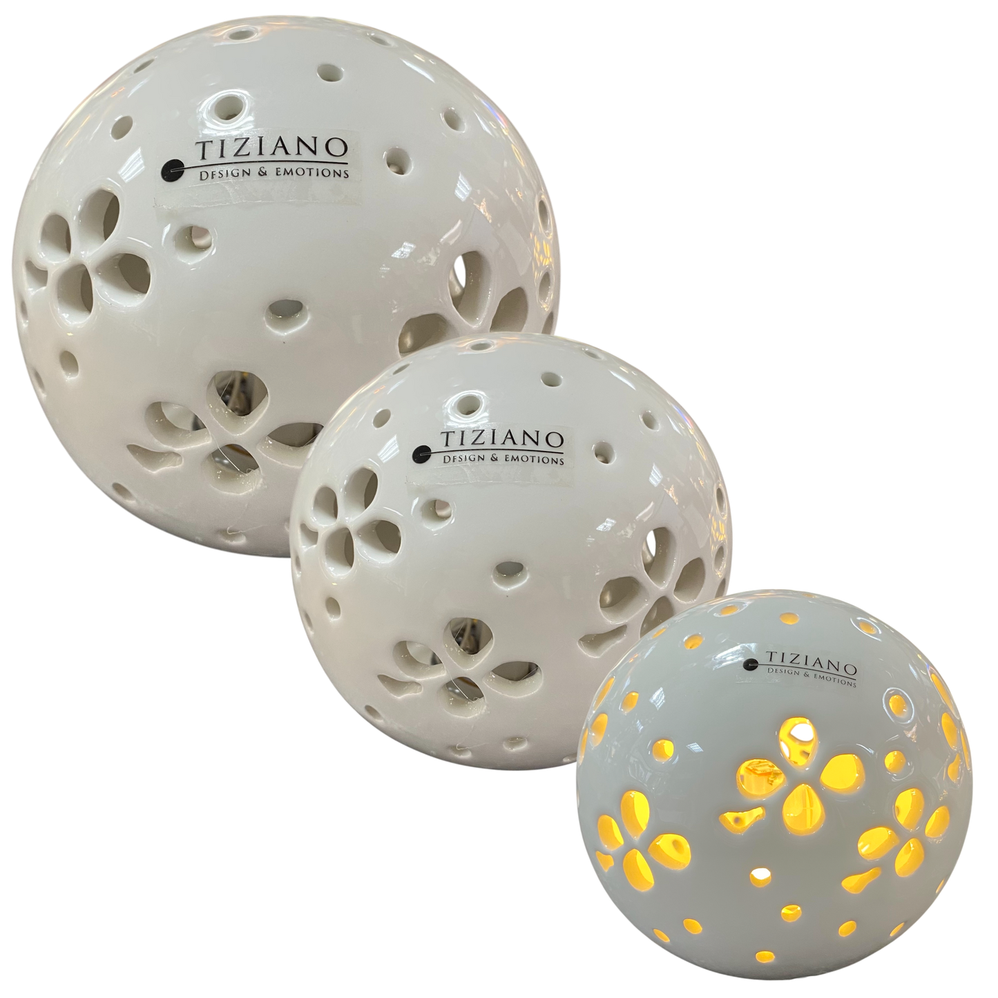 Tiziano LED Keramikkugel Pallina in drei Größen mit Blumen- und Glücksblatt-Auslassungen
