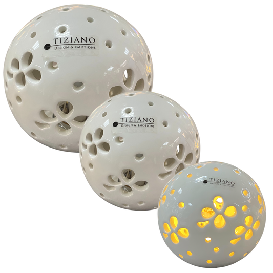 Tiziano LED Keramikkugel Pallina in drei Größen mit Blumen- und Glücksblatt-Auslassungen
