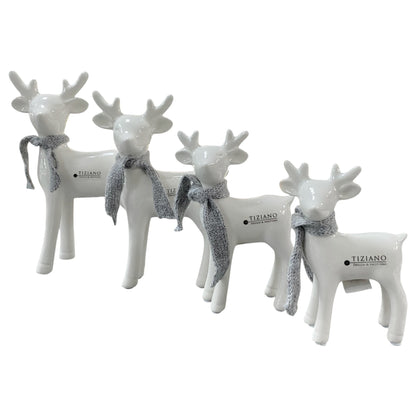 Vier creme-weiße Keramik-Rehkitze mit grauen Schals in verschiedenen Größen von Tiziano
