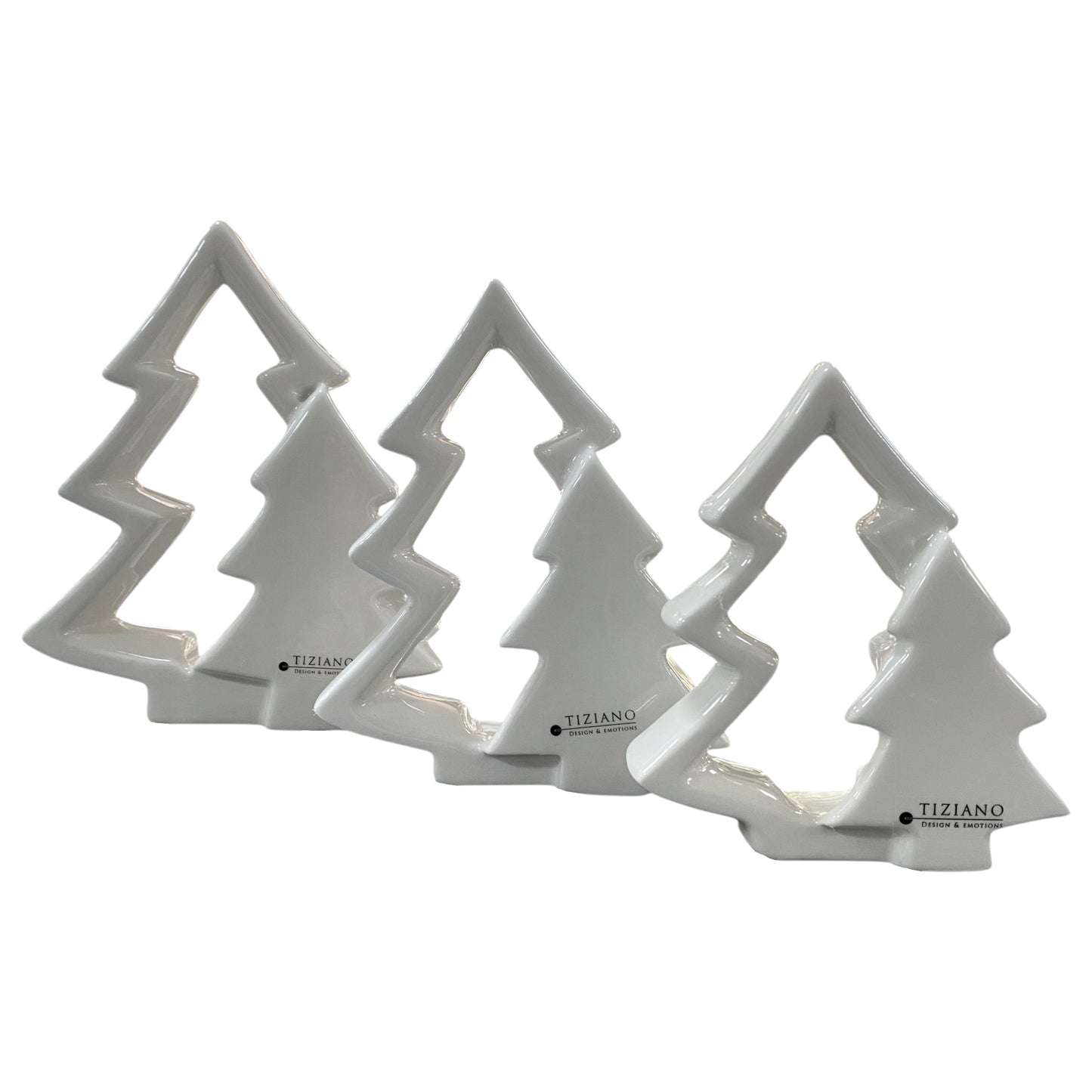 Drei creme-weiße Tiziano Keramik Weihnachtsbäume mit einem kleinen und großen Tannenbaum mit Aussparung