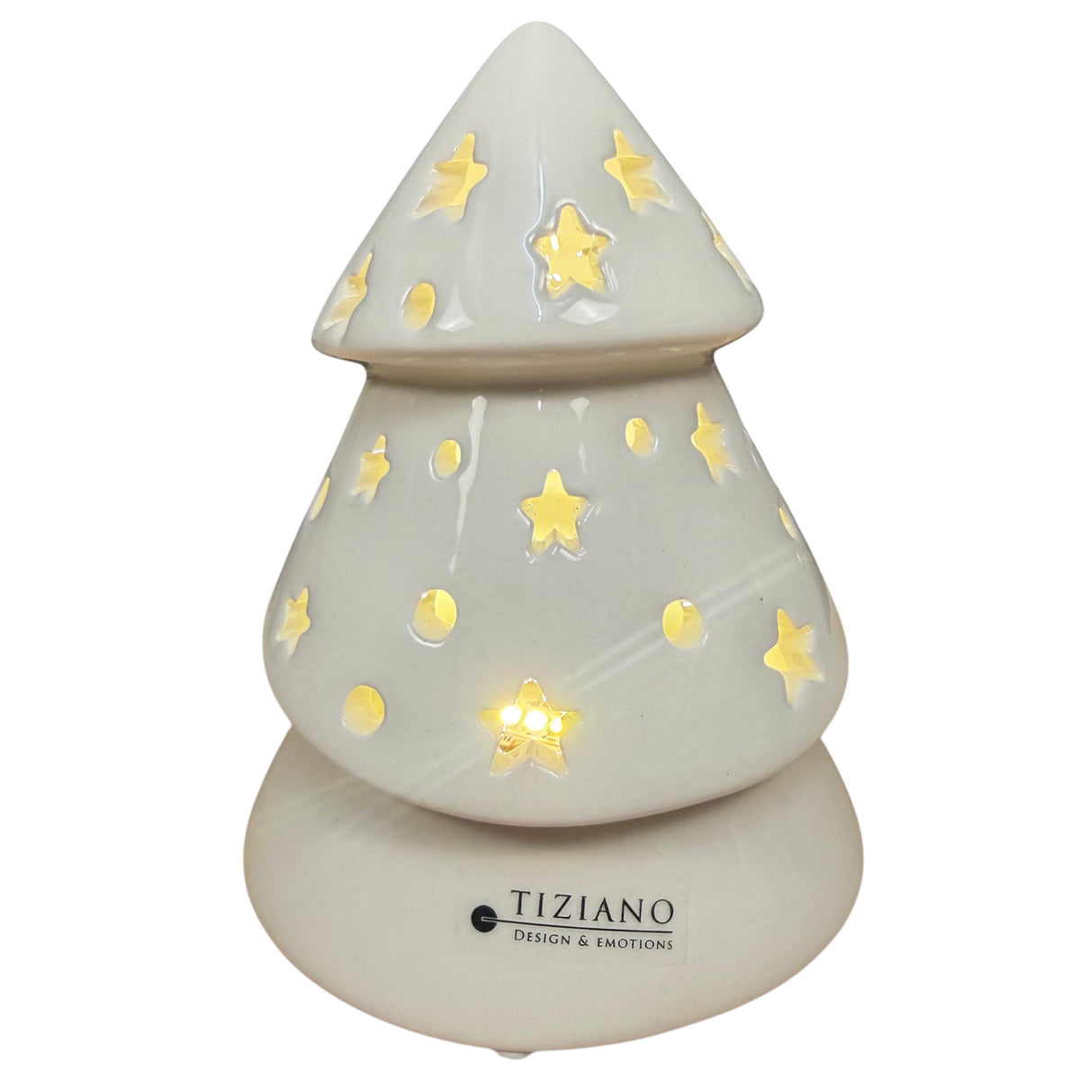 Beleuchteter Tiziano Dekobaum Venta aus cremeweißer Keramik mit warmem LED-Licht, Sternen und runden Öffnungen auf weißem Hintergrund.