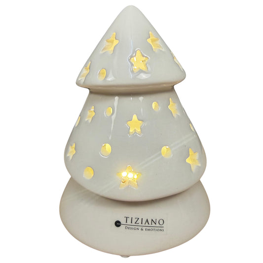 Beleuchteter Tiziano Dekobaum Venta aus cremeweißer Keramik mit warmem LED-Licht, Sternen und runden Öffnungen auf weißem Hintergrund.