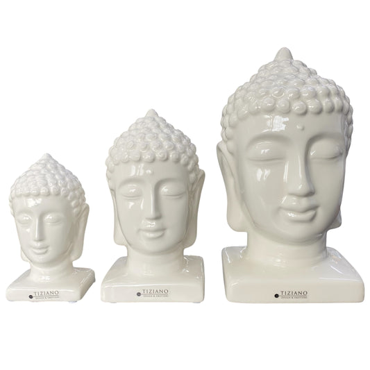 Drei Deko Tiziano Buddha Kopf Büsten aus creme-weißer Keramik