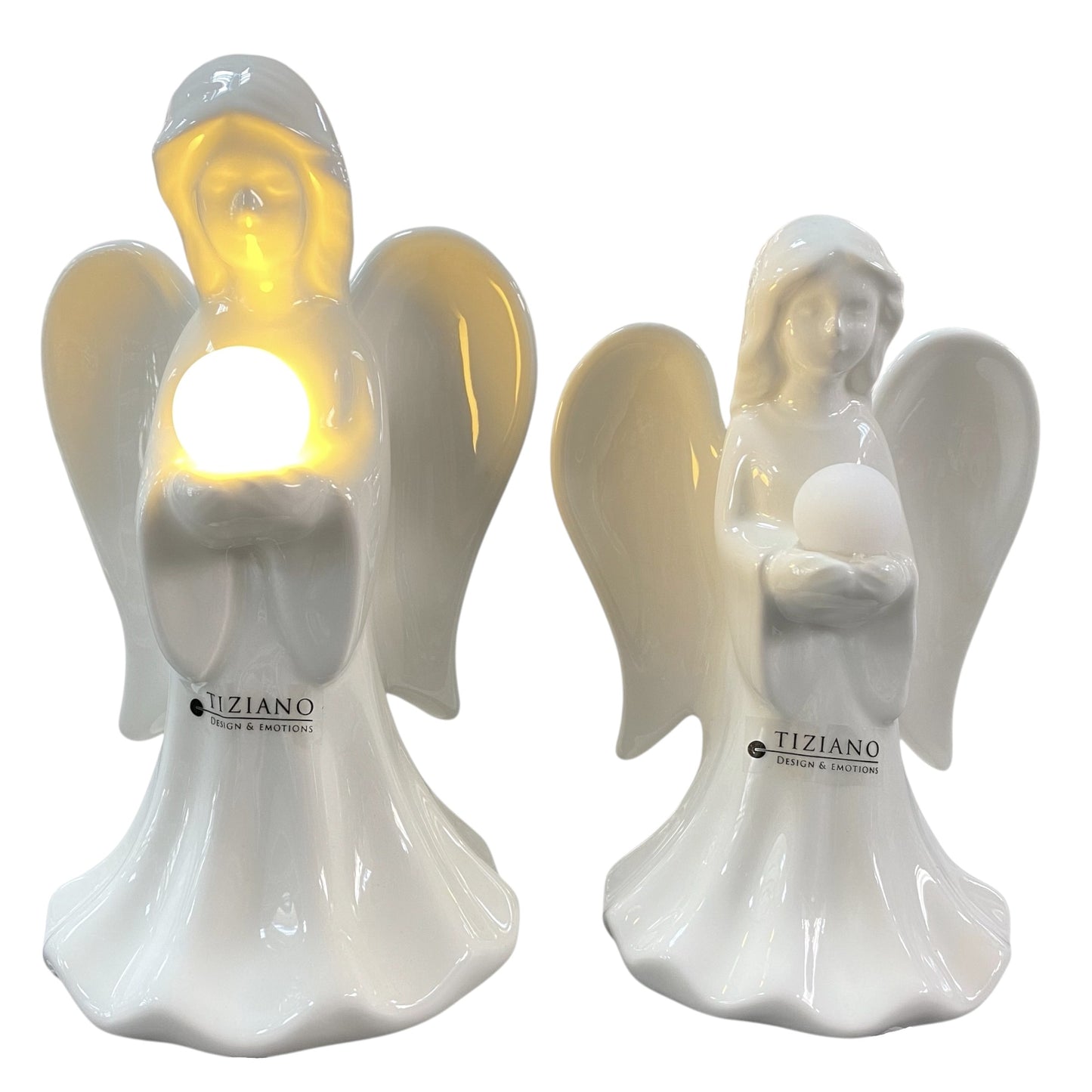 Zwei creme-weiße Keramik Engel Figuren Delia mit LED Kugel in den Händen 