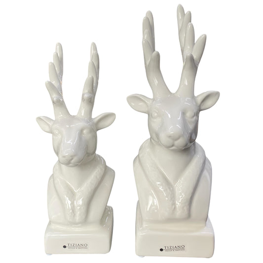 Zwei Tiziano Keramik Hirsch Kopf Figuren als kleine Büste mit Geweih aus creme-weißer Keramik