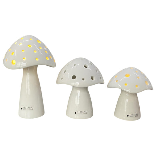 Tiziano Keramik-Deko-Pilze Niara in Weiß mit LED-Beleuchtung in drei Größen
