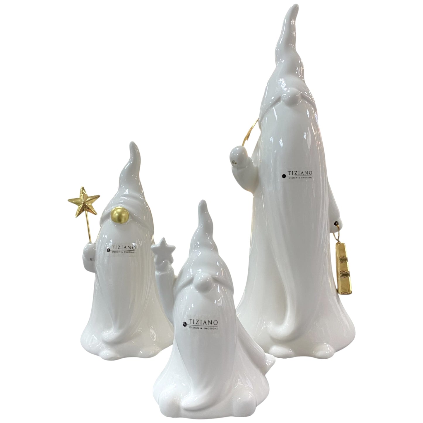 Drei creme-weiße Keramik Weihnachtsmann Figuren mit goldenen Details, Serie Santa Nicolo von Tiziano