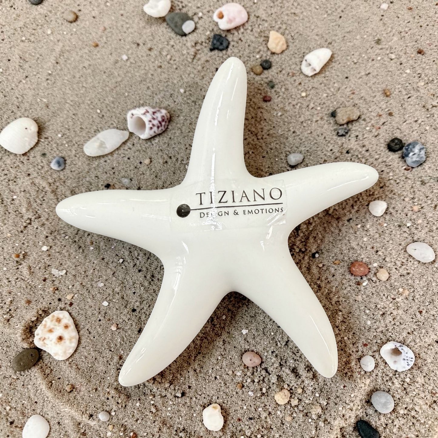 Weiße Seestern-Dekoration mit glänzender Oberfläche liegt auf Sand zwischen kleinen Muscheln und Steinen.
