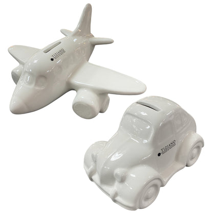 Tiziano Keramik Spardosen Set aus Flugzeug und Auto in Weiß