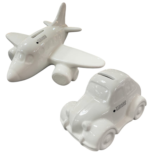 Tiziano Keramik Spardosen Set aus Flugzeug und Auto in Weiß