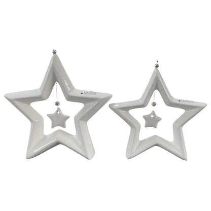 Zwei creme-weiße Keramik Sterne Saphira mit kleinem hängenden Stern in der Mitte