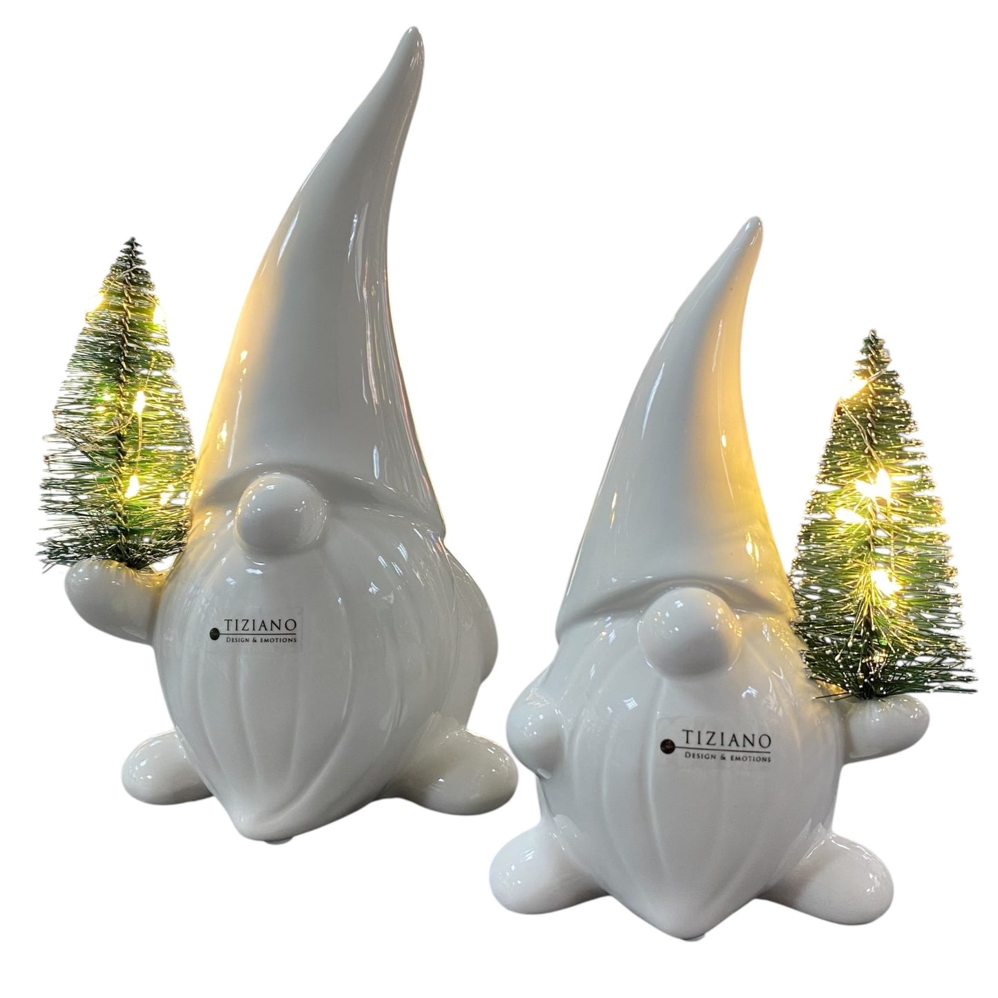 Zwei creme-weiße Keramik Weihnachtsmann Figuren mit beleuchtetem Tannenbaum, Serie Santa Stefano von Tiziano