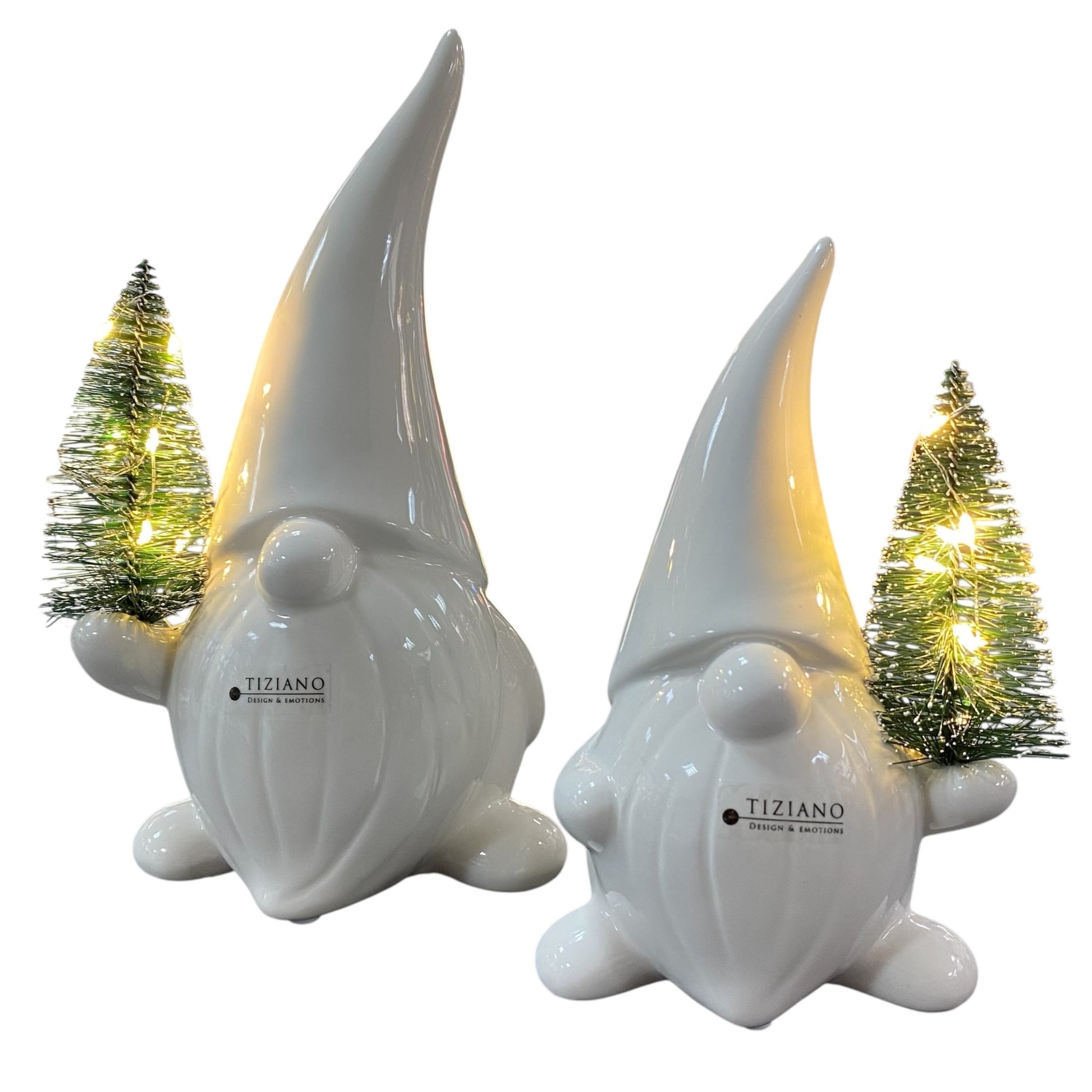 Zwei creme-weiße Keramik Weihnachtsmann Figuren mit beleuchtetem Tannenbaum, Serie Santa Stefano von Tiziano