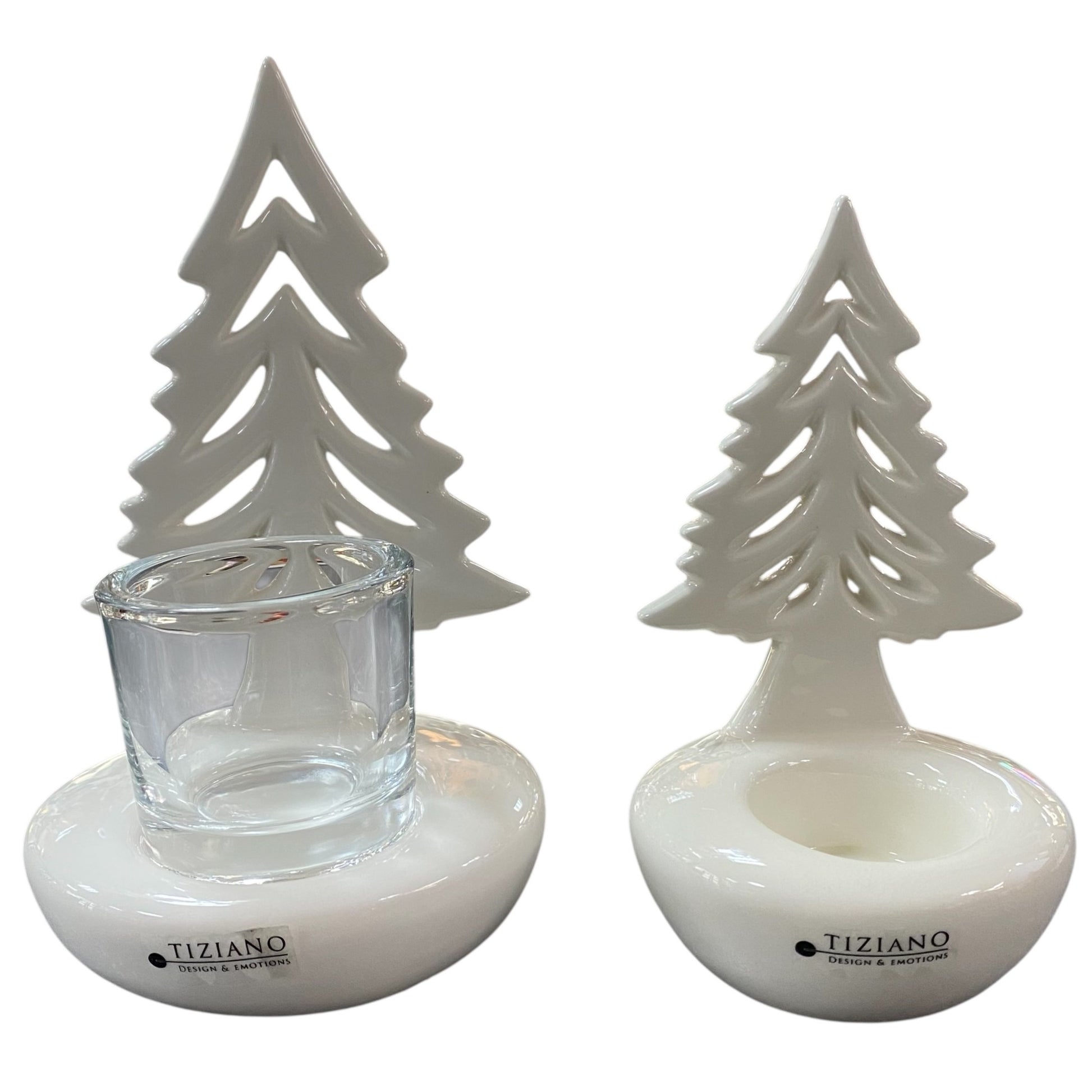 Elegante weiße Keramik-Tannenbäume Joya von Tiziano mit Teelichthalter aus Glas, in zwei Größen erhältlich.