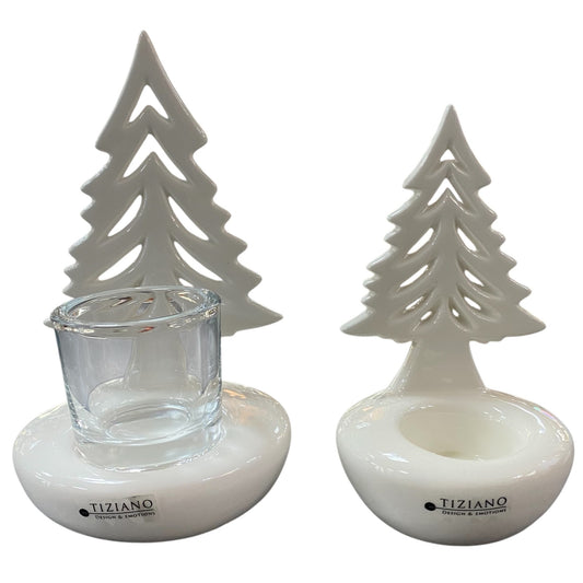 Elegante weiße Keramik-Tannenbäume Joya von Tiziano mit Teelichthalter aus Glas, in zwei Größen erhältlich.