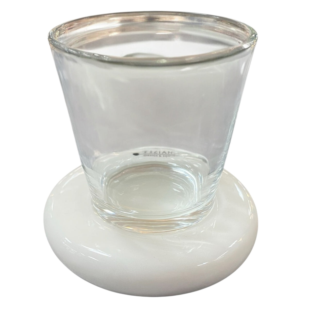 Moderner Teelichthalter Tiziano Lumina aus Glas mit runder Keramikplatte in Weiß, schlichtes und elegantes Design.