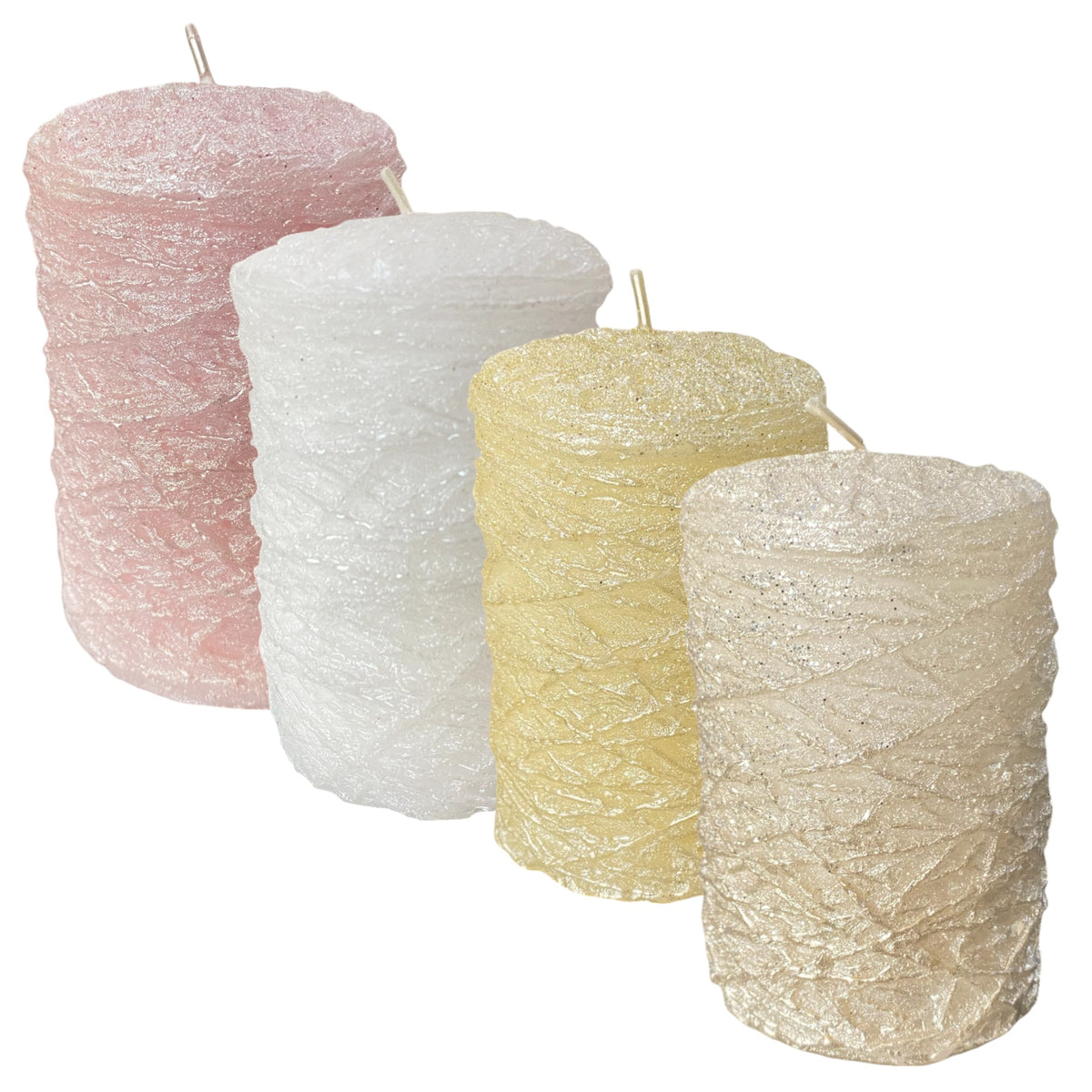 Stumpenkerzen Rosa Weiß Gold – Ø 6 cm, Höhe 10 cm – Funkelherz
