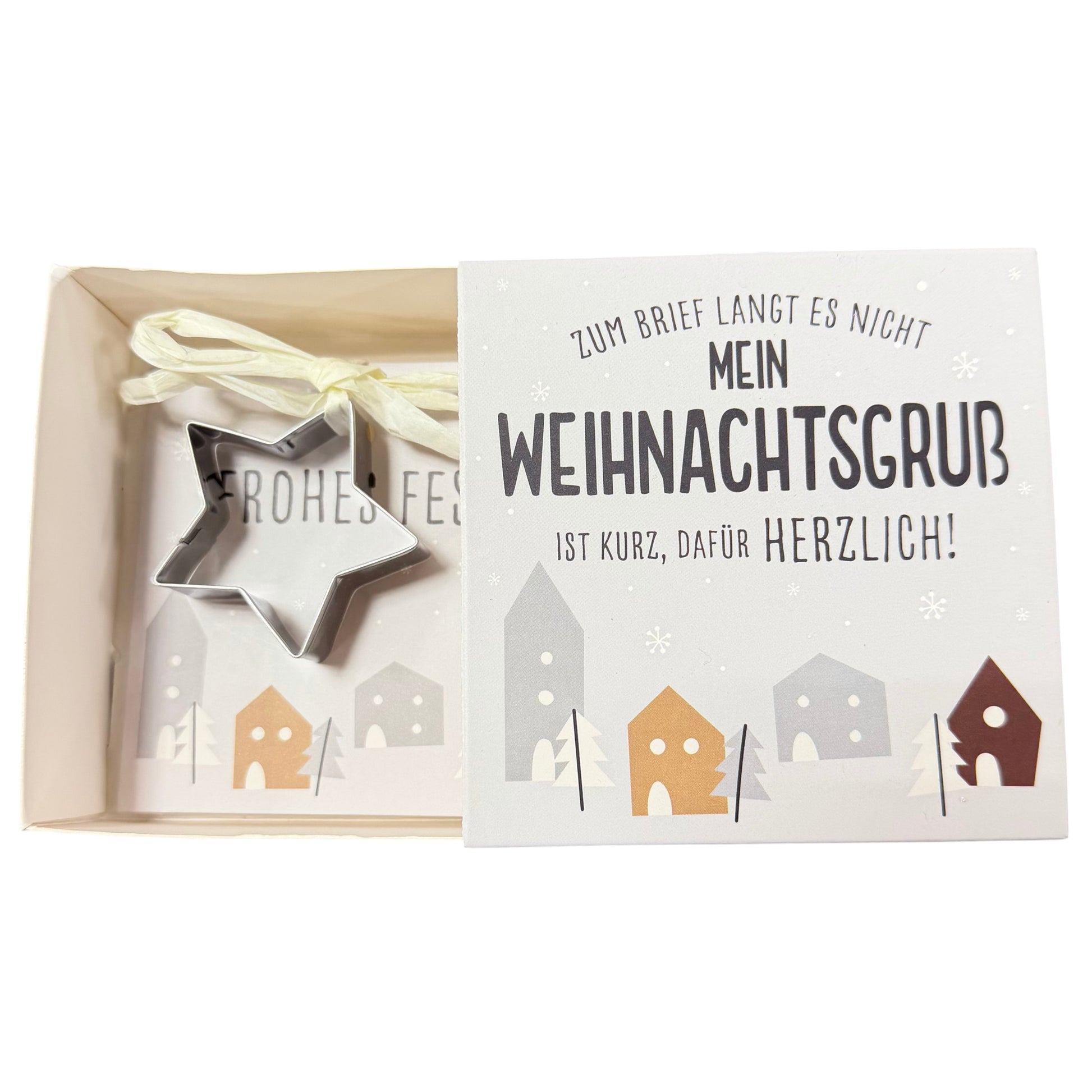 Offene Schachtel mit Karte mit Aufschrift „Mein Weihnachtsgruß“ und daran befestigter sternförmiger Ausstechform liegt vor weißem Hintergrund.