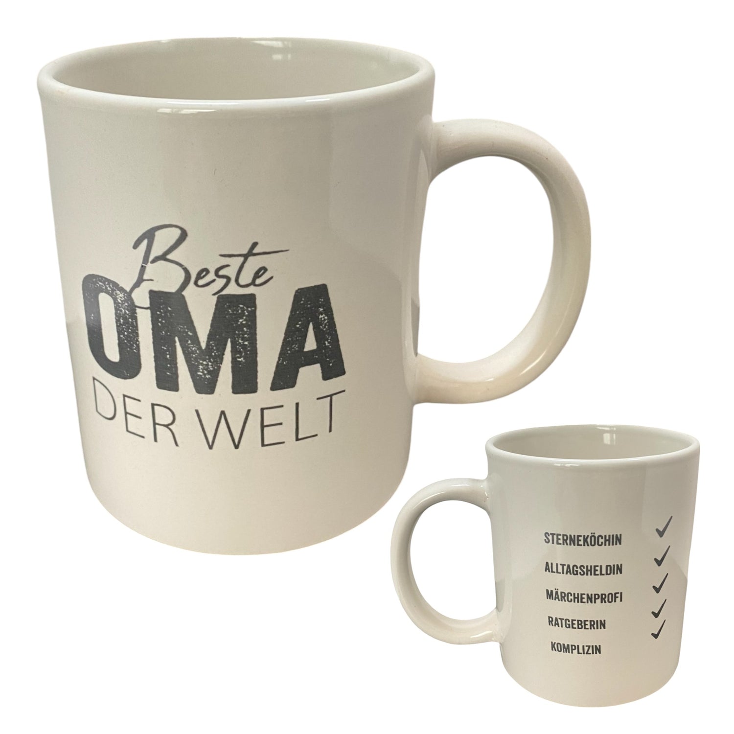 Kaffeetasse "Beste Oma der Welt" Vor und Rückseite vor weißem Hintergrund 