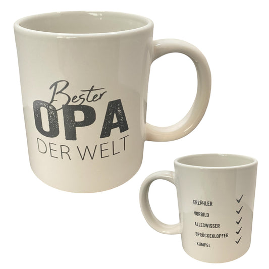 Kaffeetasse "Bester Opa der Welt" Vor und Rückseite vor weißem Hintergrund