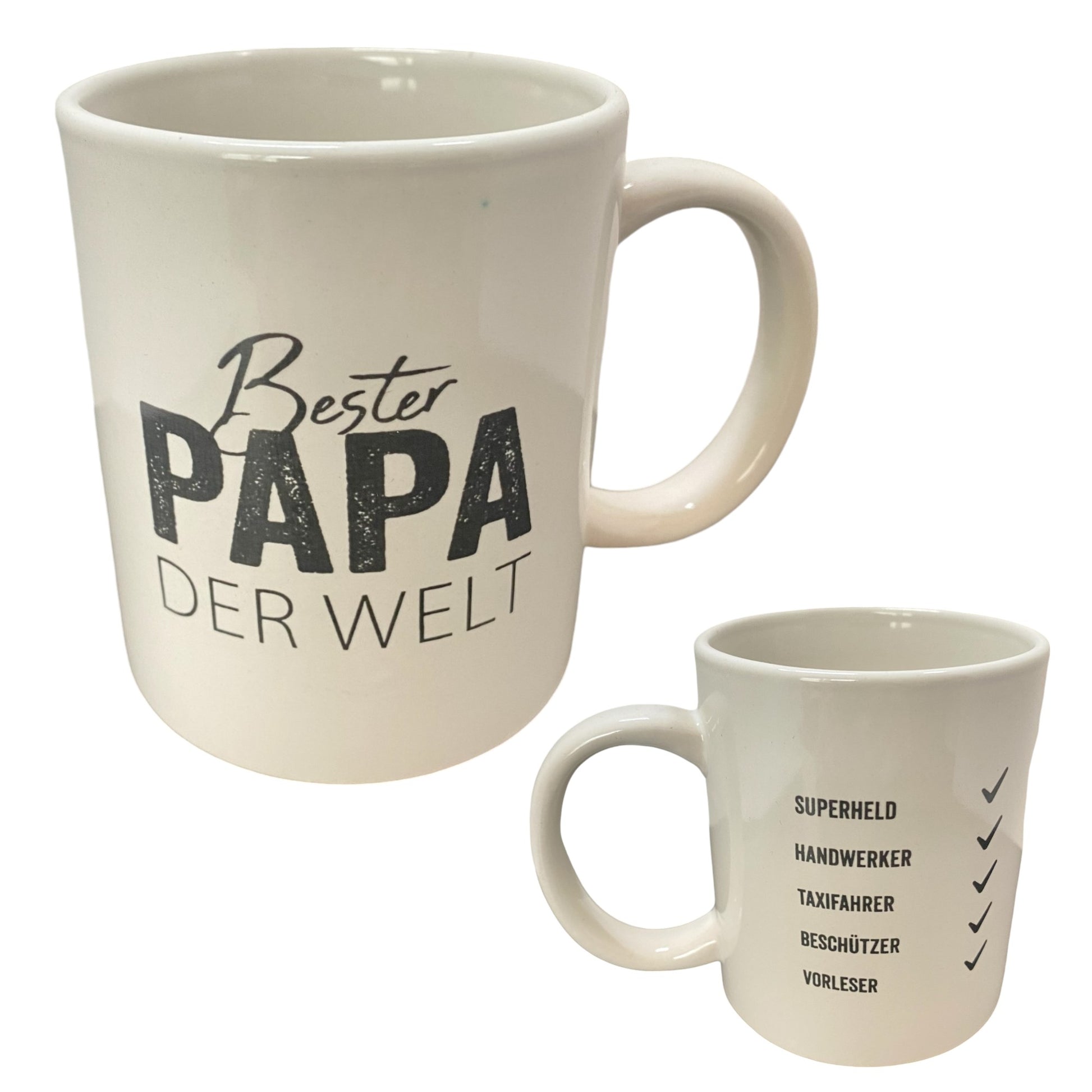 Kaffeetasse "Bester Papa der Welt" Vor und Rückseite vor weißem Hintergrund